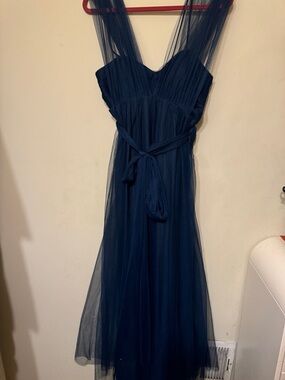 Sleeveless Navy Maxi Dress with Tulle Waist Tie